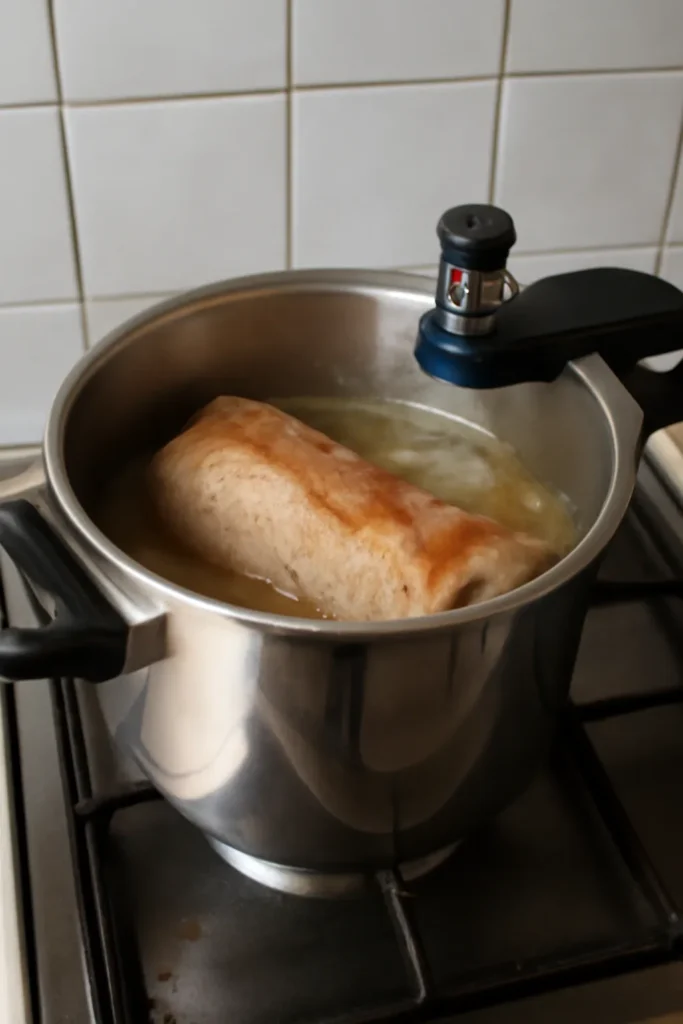 Pressure cooker and meat pork crisis time to boil